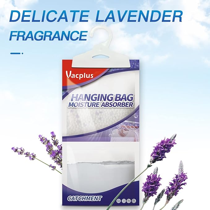 Vacplus Moisture Absorbers, Hanging Closet Dehumidifier Bags, Humidity Packs, Desiccant, Closet Dehumidifiers with Lavender Fragrance, 10 Pack, 9.8 OZ
