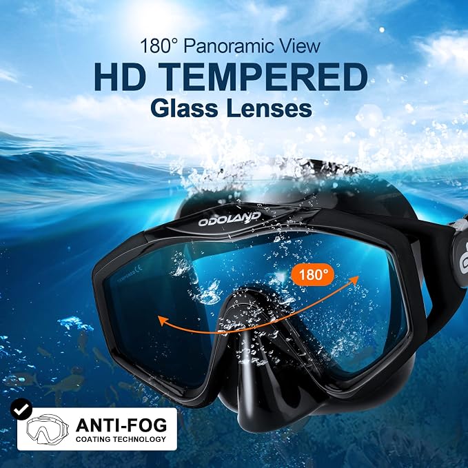 Odoland Snorkel Set, Adults Snorkeling Packages with Dry Top Diving Mask, Adjustable Swim Fins, Mesh Bag, Anti-Fog Anti-Leak Snorkeling Gear for Men Women