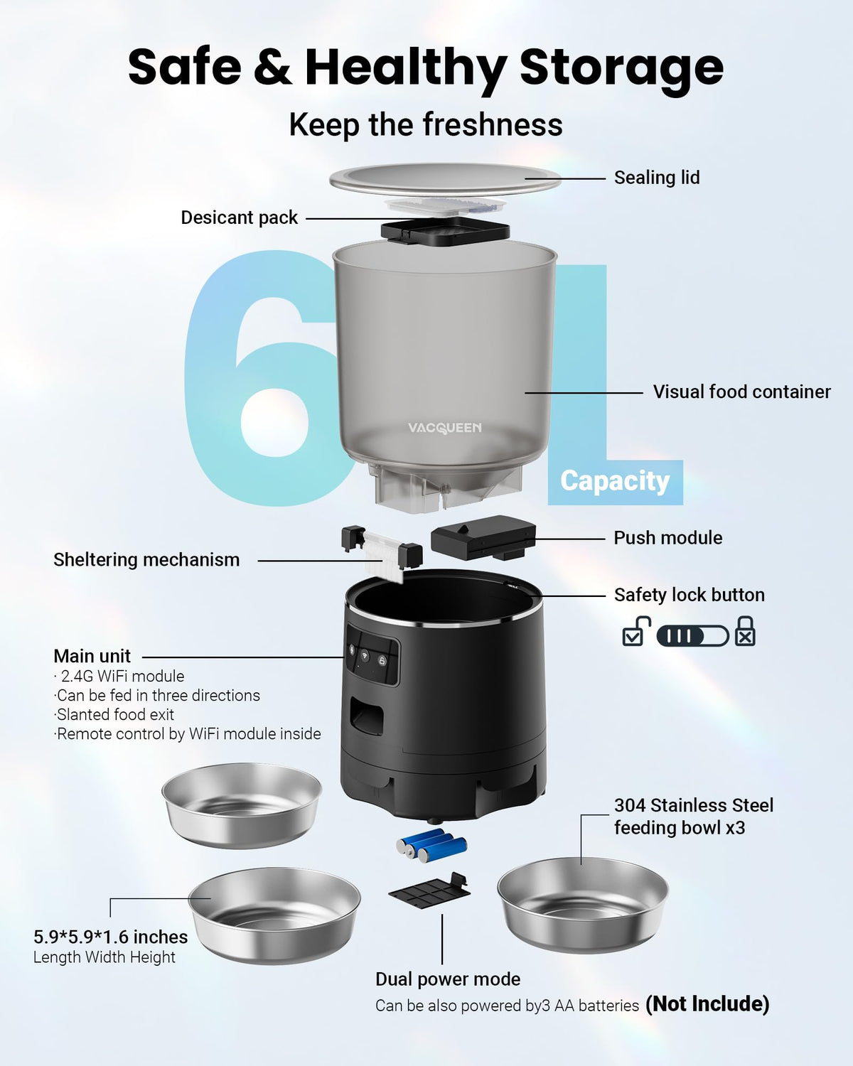 Vacqueen Automatic Cat Feeder for 3 Cats, 6L/25 Cups Smart WiFi Pet Feeder, Strong Anti-Jam System, Dual-Effect Desiccant Cat Food Dispenser, with 10S Voice Recorder for Cats and Small Dog(Black)