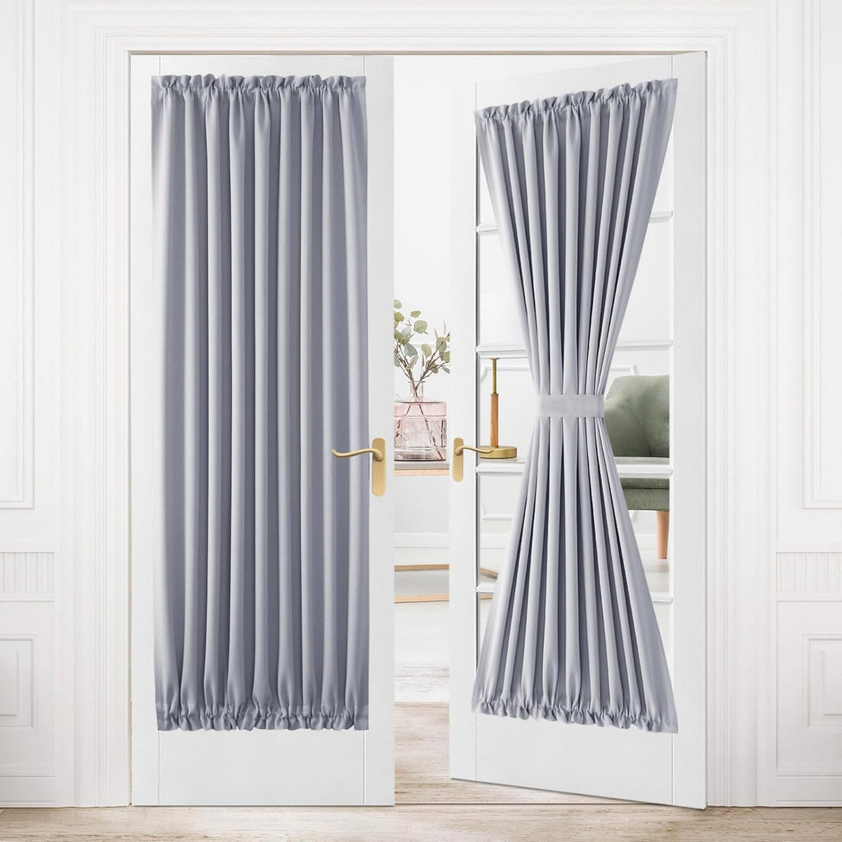 DWCN French Door Curtains – Rod Pocket Thermal Blackout Curtain for Window/Patio Doors/Doorways/Classroom/Kitchen for Privacy, 36W by 80L Inches, 1 Panel with Tieback, Silver Grey
