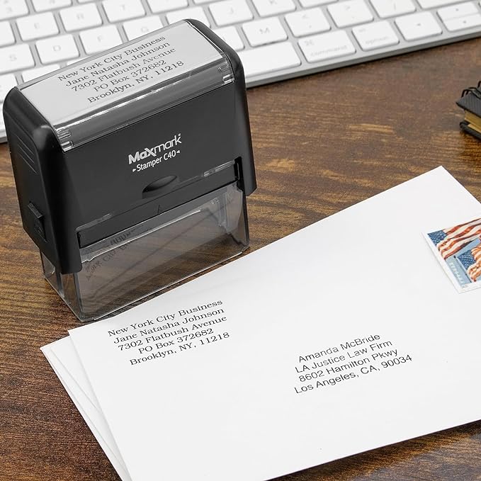 MaxMark Customized Self Inking Stamp - Up to 2 Lines of Text - Small & Wide Size - Choose from 15 Ink Colors