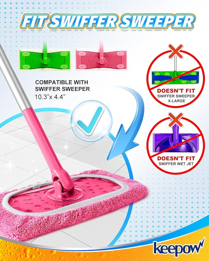 KEEPOW 4 Pack Reusable Mop Pads Compatible with Swiffer Sweeper, Microfiber Washable Pink Swiffer Mop Pads, Dry & Wet Sweeping Mopping Cloths (Pink)