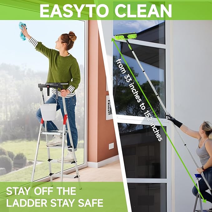 Professional 152" Window Squeegee Cleaner Tool with Extension Pole, 2-in-1 Squeegee for Window Cleaning Kit with Scrubber and Rotating Head, Window Cleaner for Car, Sliding Door, Shower Glass Door