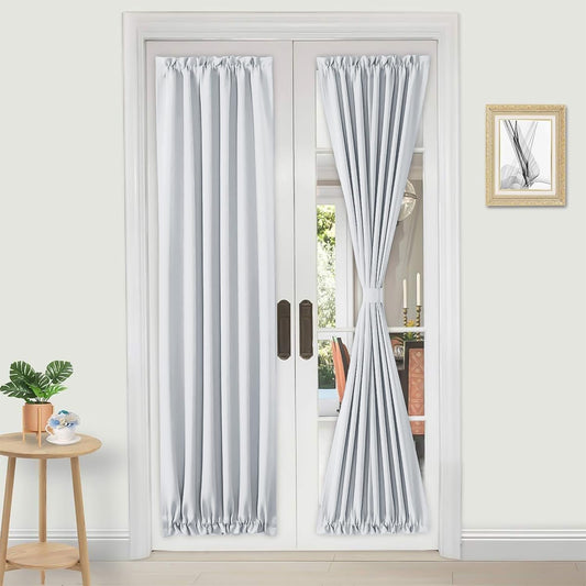 DWCN French Door Curtains – Rod Pocket Thermal Curtain for Doors with Glass Window, Kitchen and Patio Doors for Privacy, 25 X 72 Inches Long, 1 Curtain Panel with Tieback, Greyish White