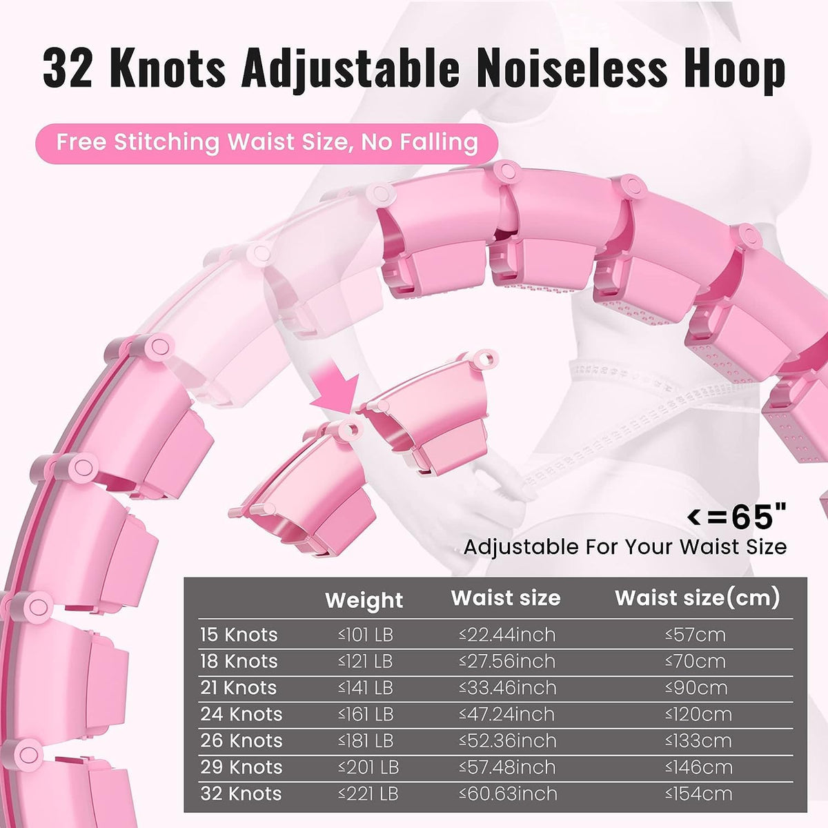 65inch 32 Knots Plus Size Quiet Weighted Hula Infinity Fitness Detachable Hoops, Smart Noiseless Infinity Hula for Women, 2 in 1 Waist and Abdominal Workout Equipment at Home