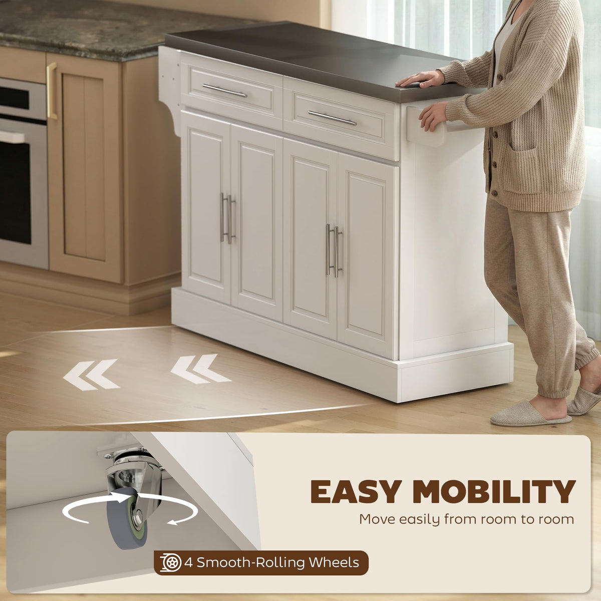 HOMCOM Rolling Kitchen Island Cart with 47" Stainless Steel Top, Portable Island Table for Kitchen with Wheels, Adjustable Shelves, 2 Drawers, Spice, Knife and Towel Rack, White