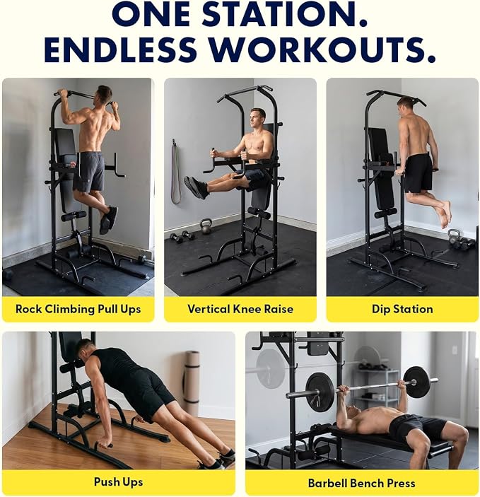 SQUATZ Pull-Up Dip Station - Your All-in-One Power Tower Gym and Chin-Up Bar Stand with Collapsible Bench for Home Exercise and Bench Press