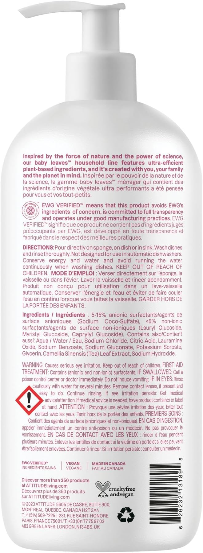 ATTITUDE Baby Dish Soap and Bottle Cleaner, EWG Verified Dishwashing Liquid, No Added Dyes or Fragrances, Tough on Milk Residue and Grease, Vegan, Unscented, 33.8 Fl Oz