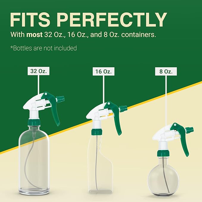 Heluva Green Spray Bottle Nozzle Replacement, Bottle Tops Only - Sprayer Nozzle Triggers for Heavy Duty, Commercial, Home Cleaning Solutions - Fits 8,16,24,32 oz Plastic & Glass Bottles, Green 3 pack