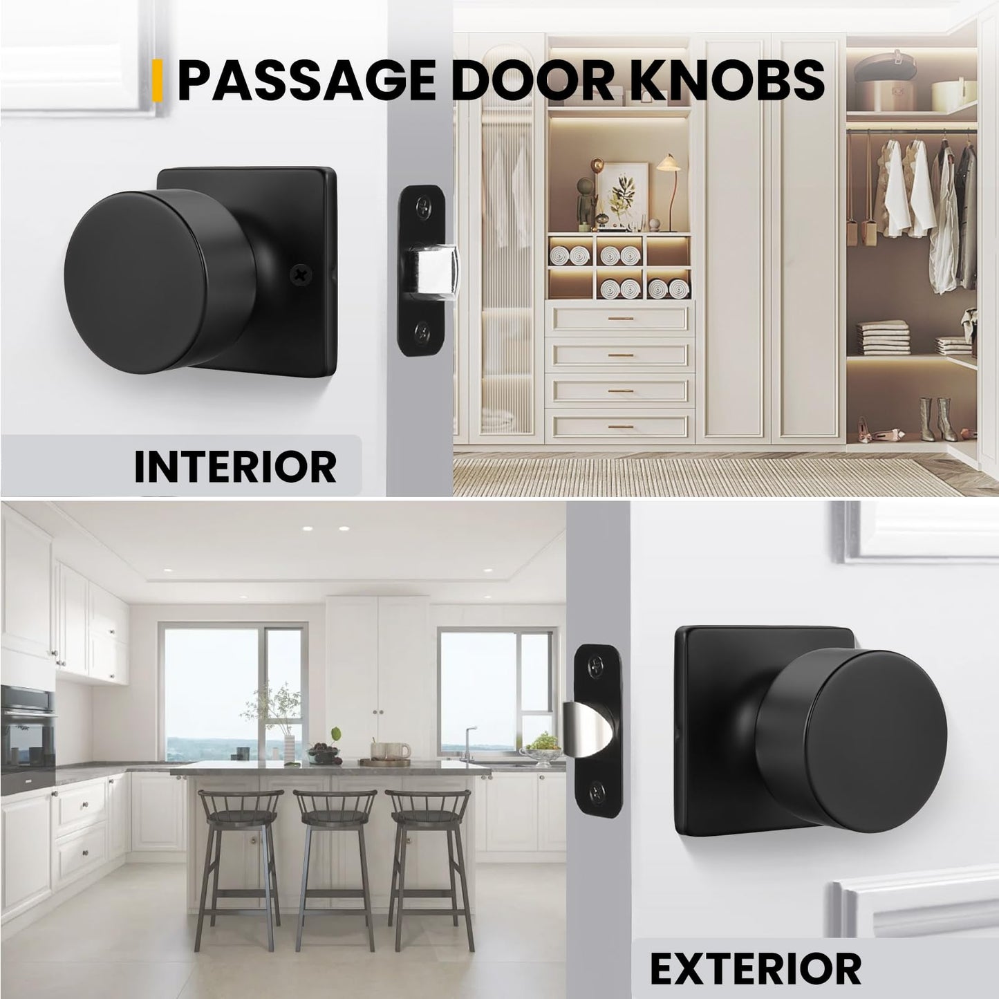 Goldenwarm Matte Black Closet Door Knobs, Passage Door Knob Hallway, Black Door Knobs Interior No Lock 6 Pack