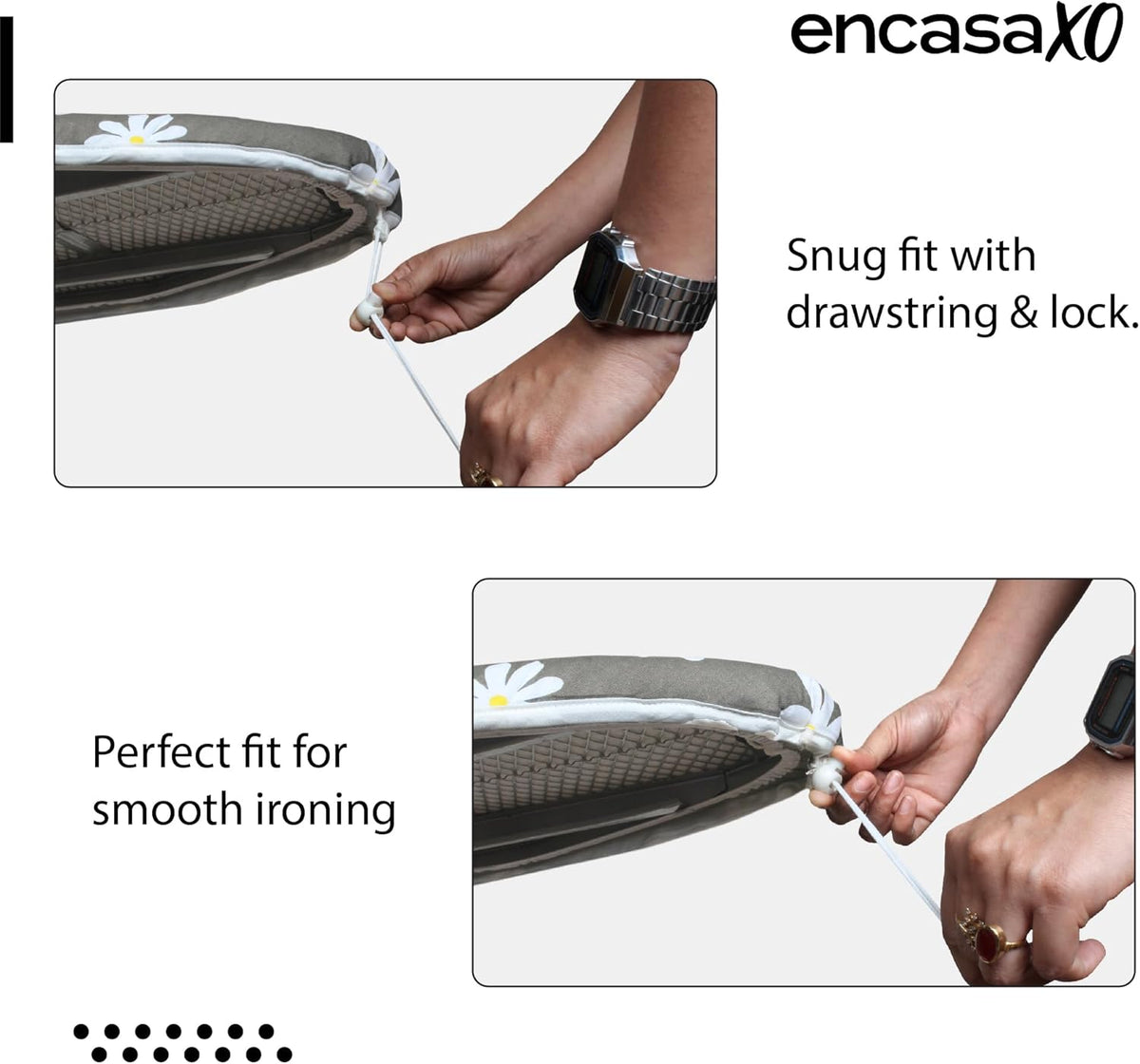 Encasa XO Ironing Board Cover and Pad 49"x18" - Thick 3mm Felt Padding, Drawstring Tightening & Lock, Easy Fit, Scorch & Stain Resistant, Fits Wide Ironing Board - Daisy Grey
