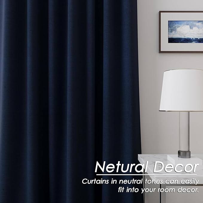 Navy Blue Linen Blackout Curtains 120 Inch Length 2 Panels Set Extra Long 10 Ft Back Tab Pocket Drapes Cotton Textured Thermal Insulated Total Blocking Curtain for Dining Room Cottage High Window