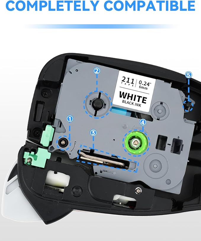 Compatible with Brother Label Tape TZe TZ Tape 6mm 0.23" TZe-111 TZe-211 TZe-411 TZe-511 TZe-611 TZe-711 Laminated Tape Work for P Touch PT-D210 PT-H110 PTD400 PTD600 PT1280 PTP300BT, 6-Pack