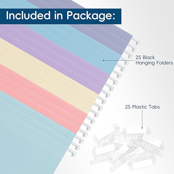 Hanging File Folders, 25 Pack Letter Size File Folders with 1/5-cut Tabs, Office Essentials for Filing Cabinet & Desk Storage