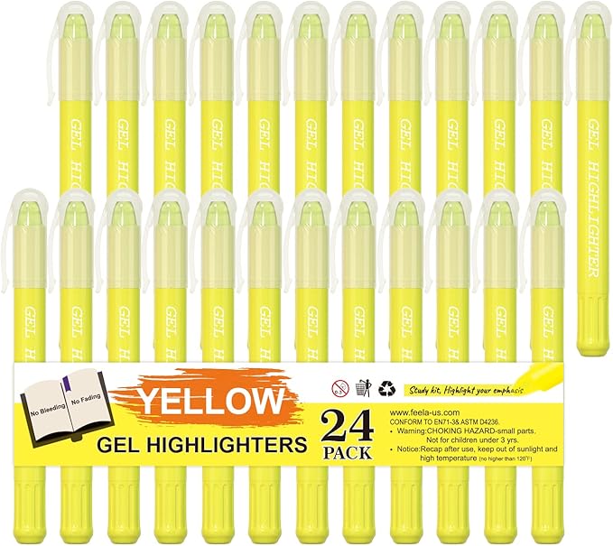 feela 24 Pack Yellow Gel Bible Highlighters Markers Pens Journaling Supplies, No Bleed Through For Highlighting Journal School Office