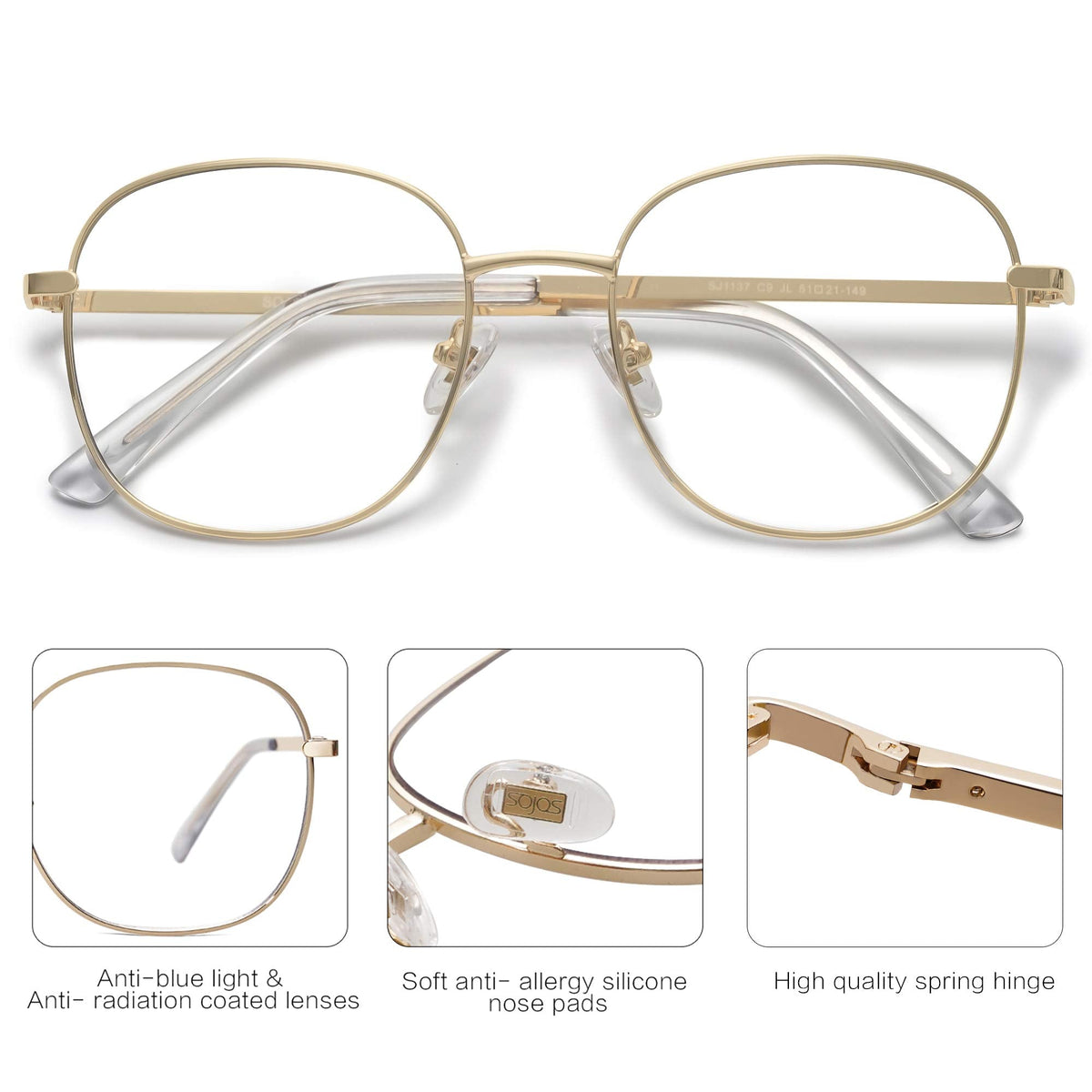 SOJOS Classic Square Blue Light Blocking Glasses for Women Men Stylish Computer Glasses SJ1137, Gold Frame/Anti-Blue Light Lens