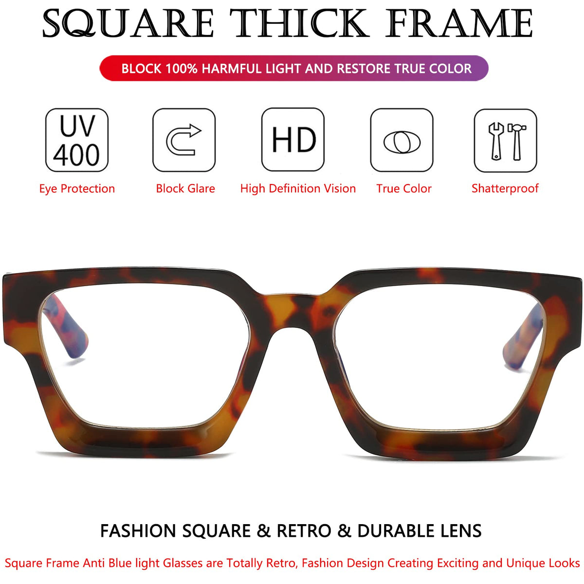 AIEYEZO Square Thick Frame Glasses for Women Men Fashion Blue Light Glasses Trendy Chic Computer Eyeglasses (Tortoise)
