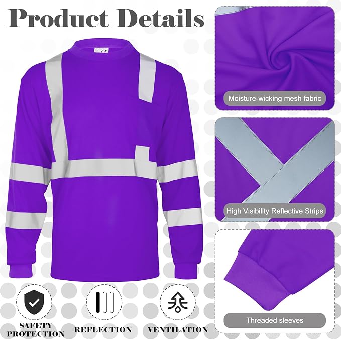 Amylove 4 Pcs Women Long Sleeve Safety Shirt High Visibility Shirts Reflective Construction Work Shirts for Women(S,Purple)