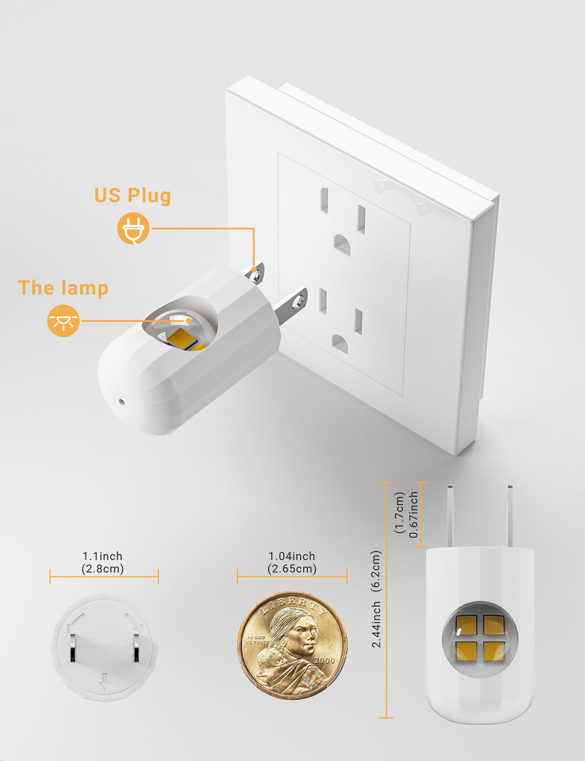 6 Pack Mini LED Night Light Plug in Wall - Dusk to Dawn Auto On/Off, 3000K Soft White (200 Lumen/20W Equivalent), 360° Adjustable Lighting for Bedroom, Bathroom, Stairs, Kids Room, Hallway