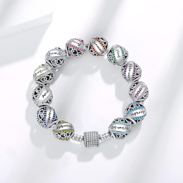 Birthstone Charms for Charms Bracelet 925 Sterling Silver Bead Openwork Charms Fit Pandora Charms Bracelet, Fit Women Wife Mom Christmas Birthday Gift