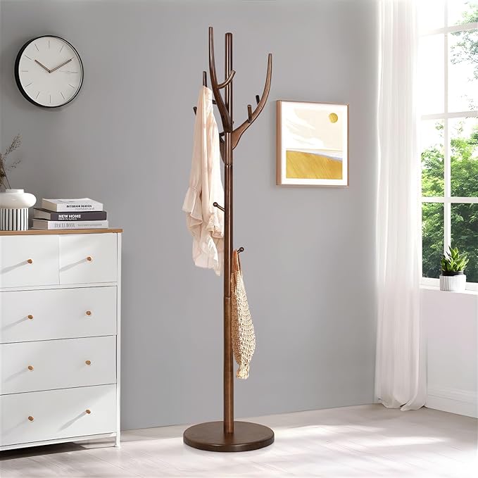 Wood Coat Rack, Coat Tree Freestanding Wooden Coat Rack Stand with 12 Hooks, Heavy Duty Hall Tree Coat Hat Stand with Sturdy Base, Free Standing Coat Racks for Entryway, Bedroom, Brown