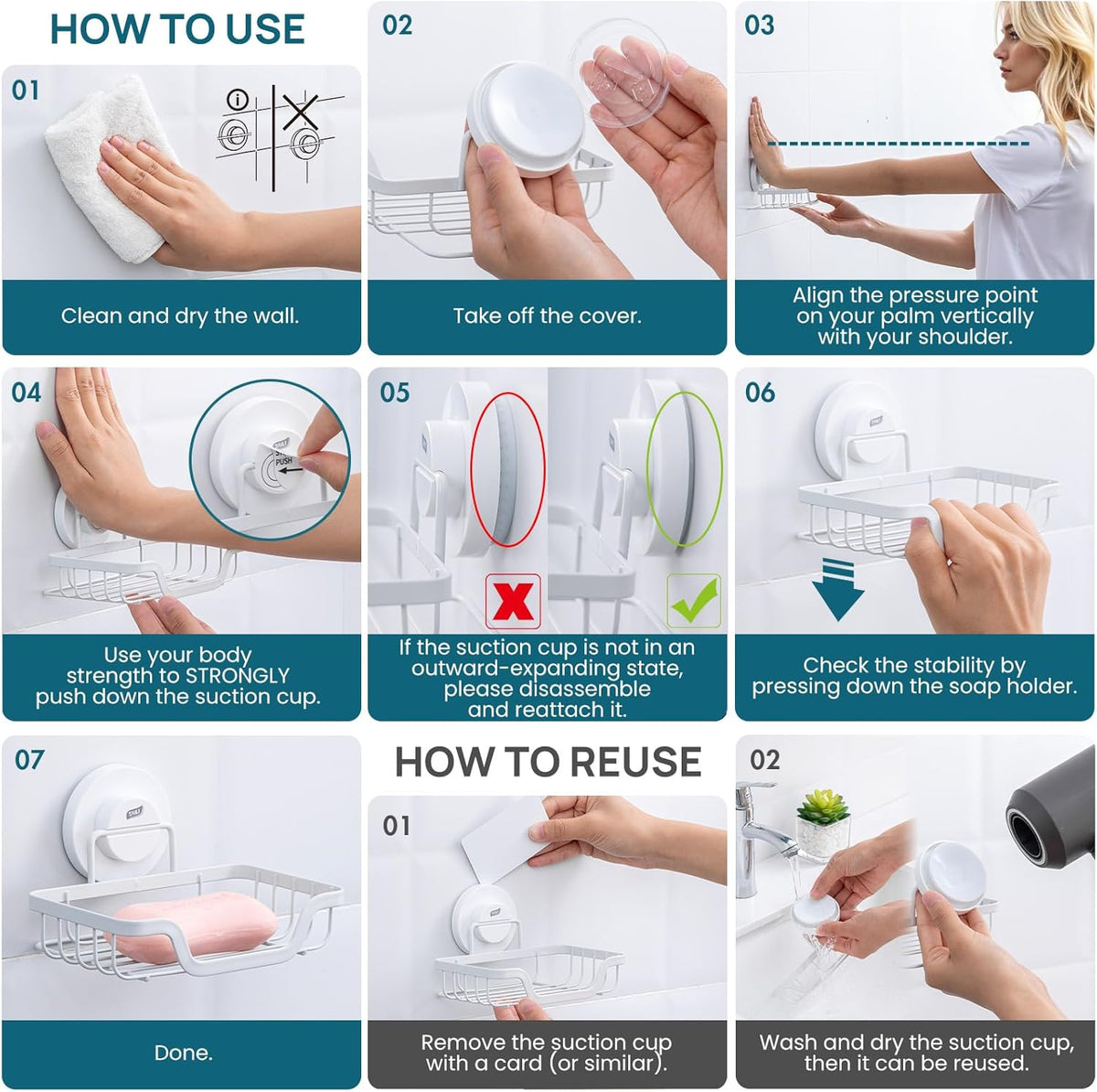 TAILI Soap Holder Bar Dish Suction Cup, Bar Shampoo Rack for Shower Wall, Draining Soap Saver Tray for Bathroom, Rustproof Stainless Steel Sponge Holder for Tub, Kitchen, Drill-Free, White
