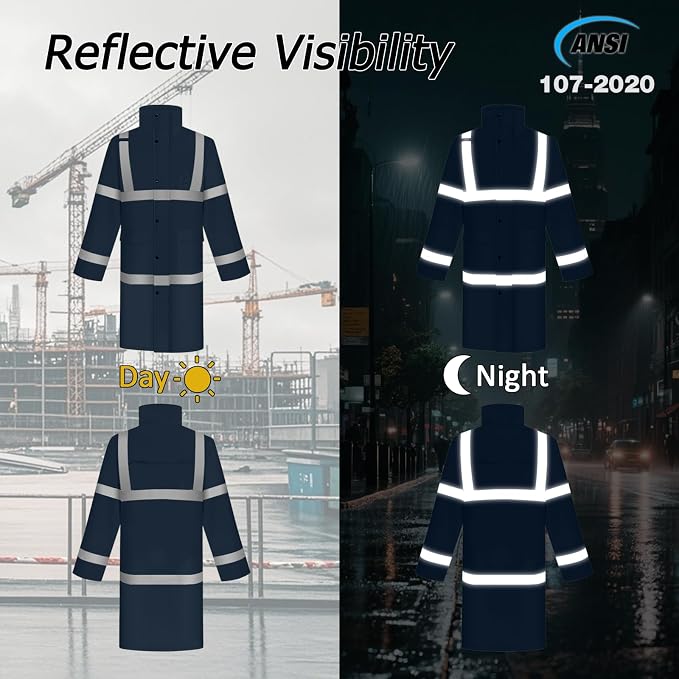 High Visibility Rain Suit, High Vis Rain Suit for Men, Waterproof Rain Jacket with Hood, Class 3 Lightweight Hi Vis Rain Gear for Outdoor & Safety Work, Men Women, Dark Blue Long, 2XL