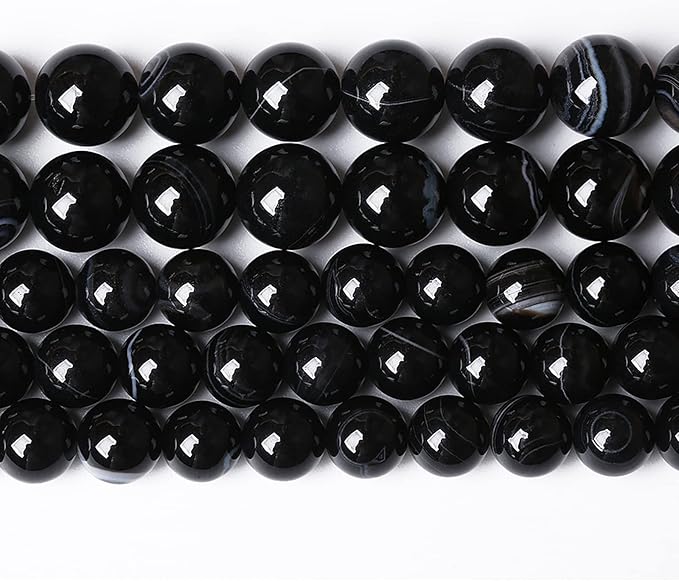 32PCS 12mm Natural Black Striped Agate Beads Gemstone Round Loose Beads for Jewelry Making DIY Bracelet Necklace 15" Inch