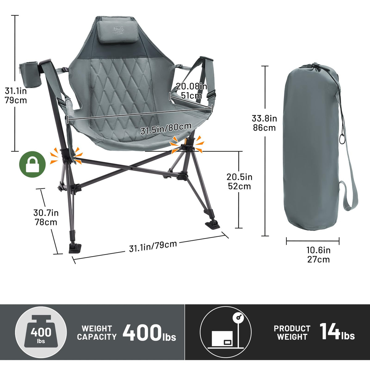 TIMBER RIDGE Hammock Camping Chair, Oversized Swinging Hammock Chair with Adjustable Back and Seat for Outdoor Lawn, Sports, Supports 400lbs, Grey