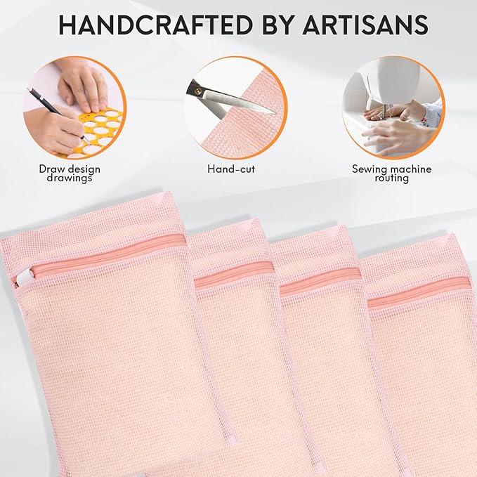 4 Piece Pink Small, Durable Organic Cotton Mesh Laundry Bag with Strong Zipper and Breathable Mesh, Delicate Laundry Bag for Underwear, Clothes, Pants and Socks