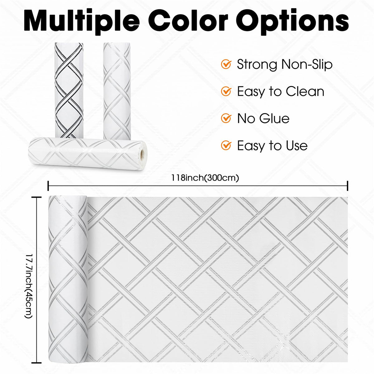 Drawer and Shelf Liner for Kitchen Cabinets Non-Adhesive Cabinet Liners for Shelves Strong Grip Non Slip Waterproof Cupboard Liner for Dresser Refrigerator, Bathroom,Silver Geometric,17.5IN X 10FT