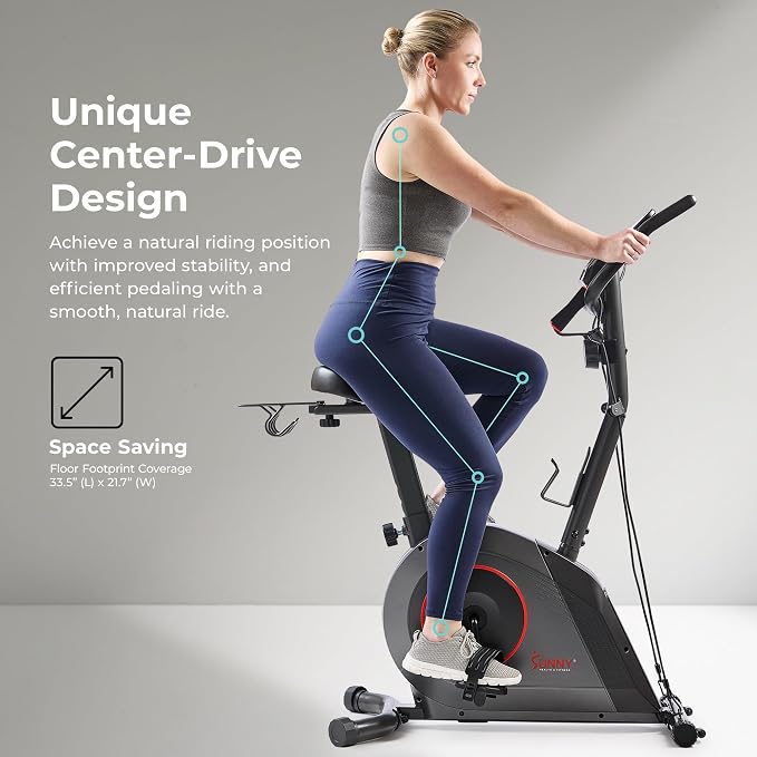 Sunny Health & Fitness Smart Stationary Exercise Upright Bike w/Pulse Sensor & 4-Way Adjustable Seat, Cycling Machine for Home Cardio Training, Free SunnyFit App Connection, Optional Resistance Band