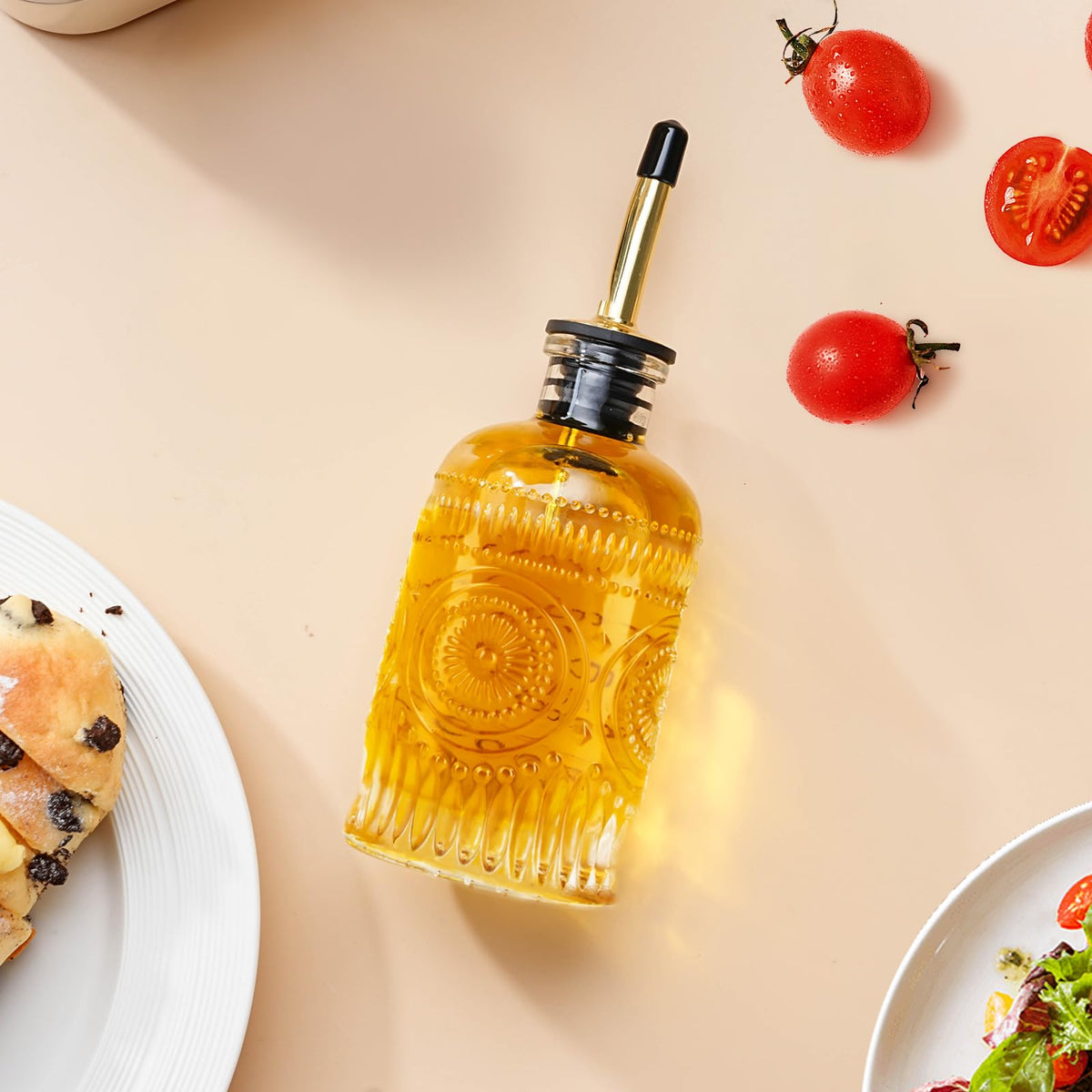 gegewawa Olive Oil Dispenser Bottle for Kitchen with Metal Spout, Glass Oil Bottles 7OZ, Elegant Glass Cooking Dispenser for Kitchen