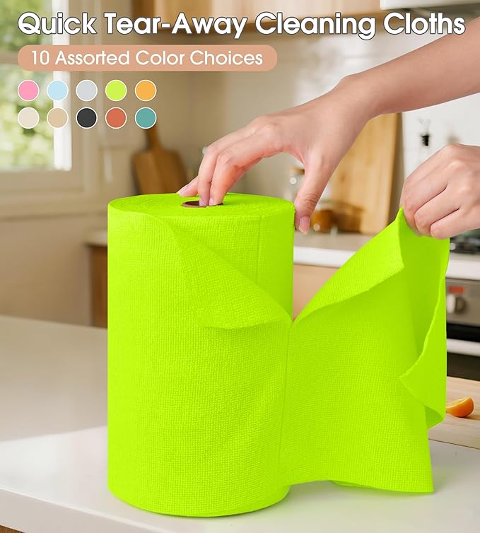 KitchLife Microfiber Cleaning Cloth Roll, 100 Pack - Tear-Away Microfiber Paper Towels, Lint-Free, Reusable, Washable for Kitchen, Car, Dishes, and Sensitive Surfaces (Neon Green)
