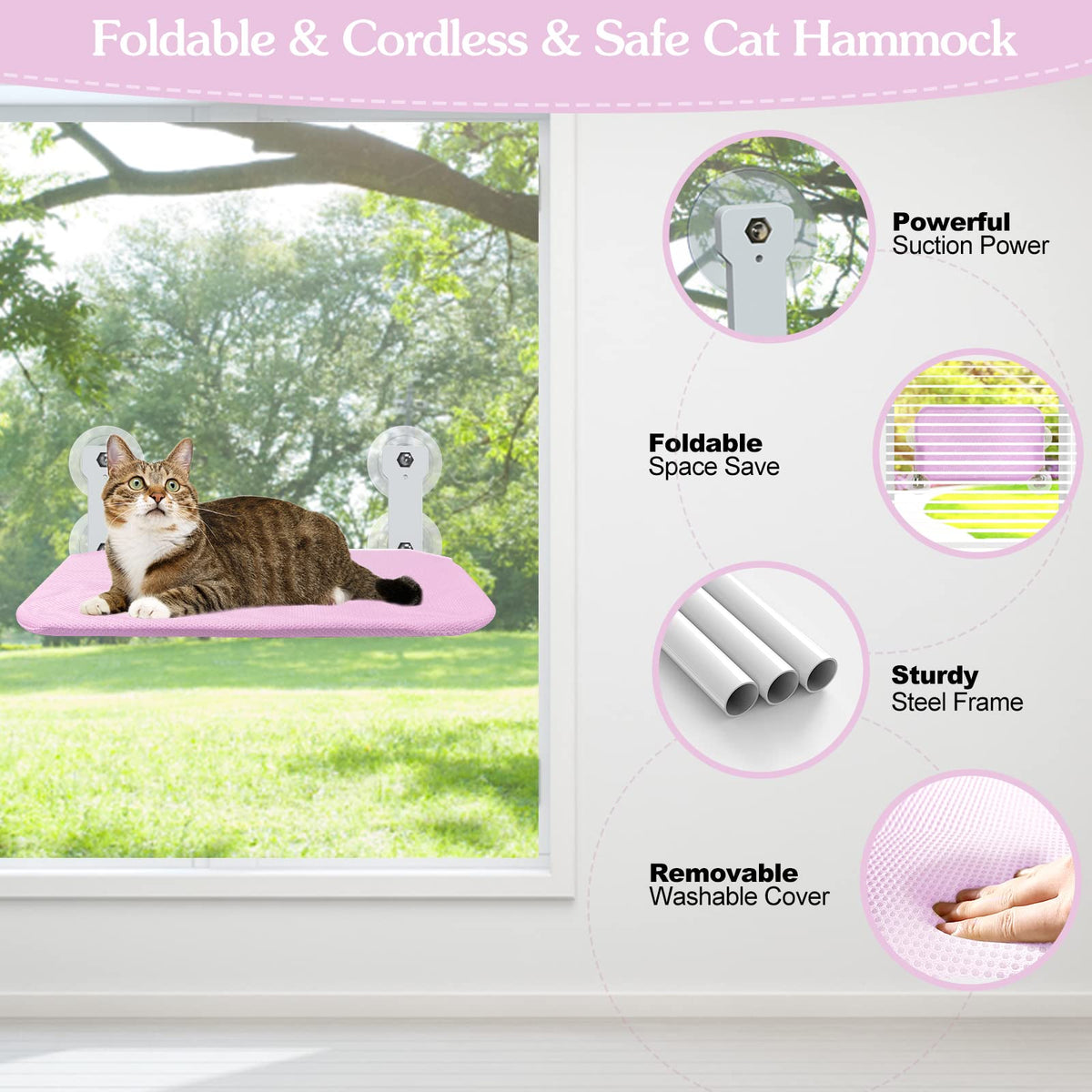 Foldable Cat Window Perch, Cordless Cats Window Hammock Window Bed for Indoor, Large Window Seat Sill Cat Perch, Strong Suction Cup & Sturdy Metal Frame & Breathable Mat
