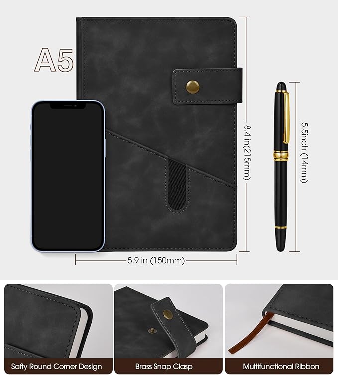 A5 Lined Leather Journal Notebook,Hardcover Journal Set with Pen and Gift Box,100Pages 100gsm Thick Ruled Paper Daily Diary for Men Women School,Travel,Business,Work,Writing 5.9" X 8.4"