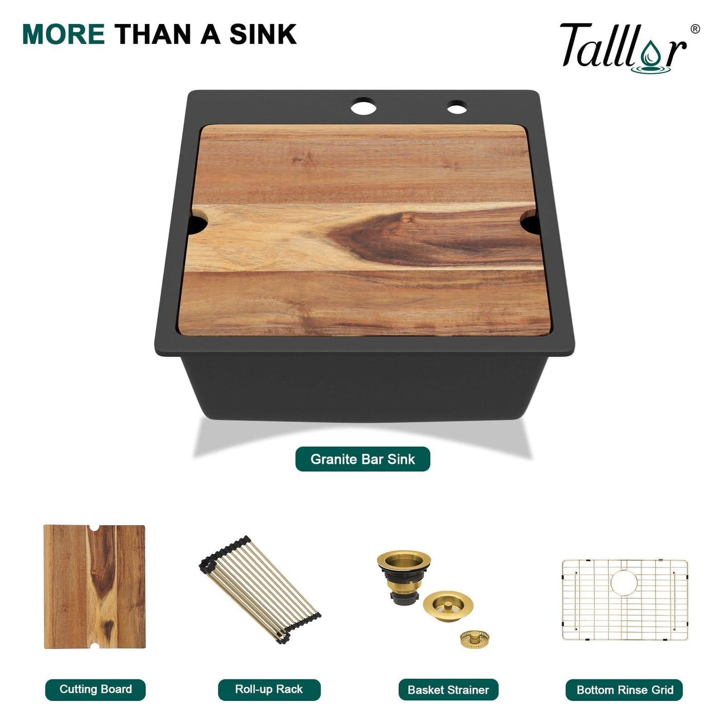 Talllor 21 Inch Drop In Bar Sink - Matte Black Granite Composite Workstation Single Bowl Small Prep Wet Sink with All-In One Gold Accessories & Cutting Board for RV, Kitchen Bar, and Boat#TLGT-130