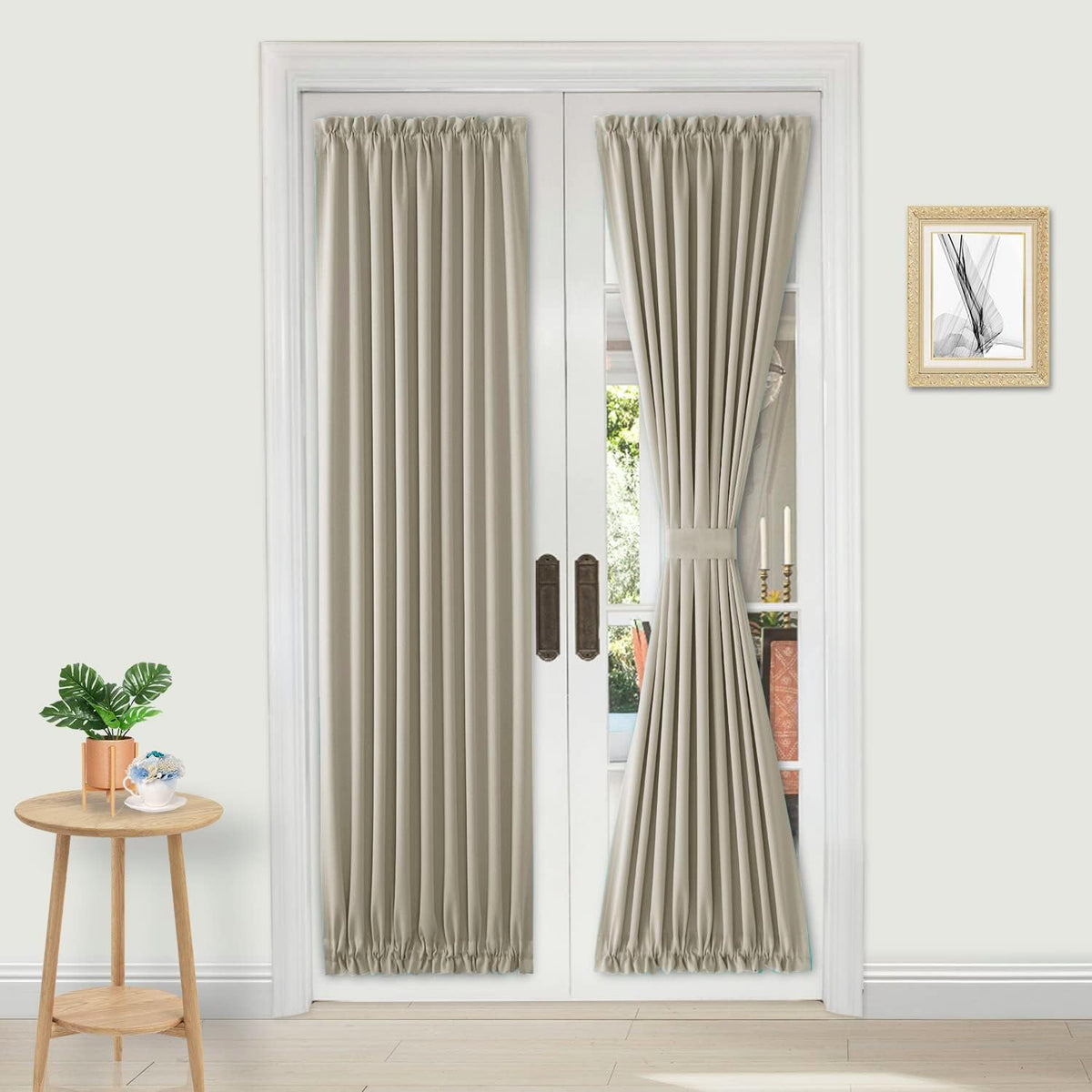 DWCN French Door Curtains – Rod Pocket Thermal Blackout Curtain for Doors with Glass Window, Kitchen and Patio Doors for Privacy, 25 X 72 Inches Long, 1 Curtain Panel with Tieback, Taupe