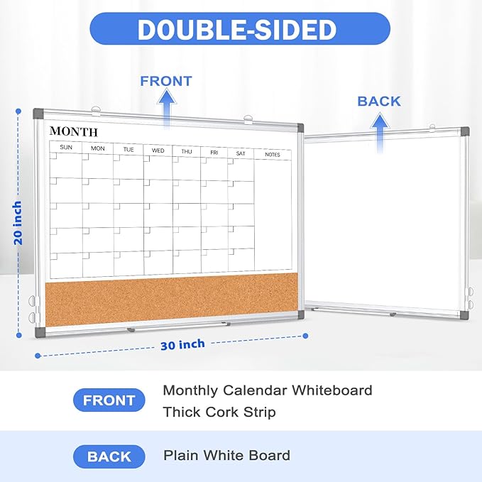 Monthly Calendar Whiteboard Dry Erase Cork Board Combo for Wall, 30" x 20" Magnetic Double-Sided Calendar White Board and Bulletin Board, Portable Board for Office, Kitchen, School, Home, Dorm