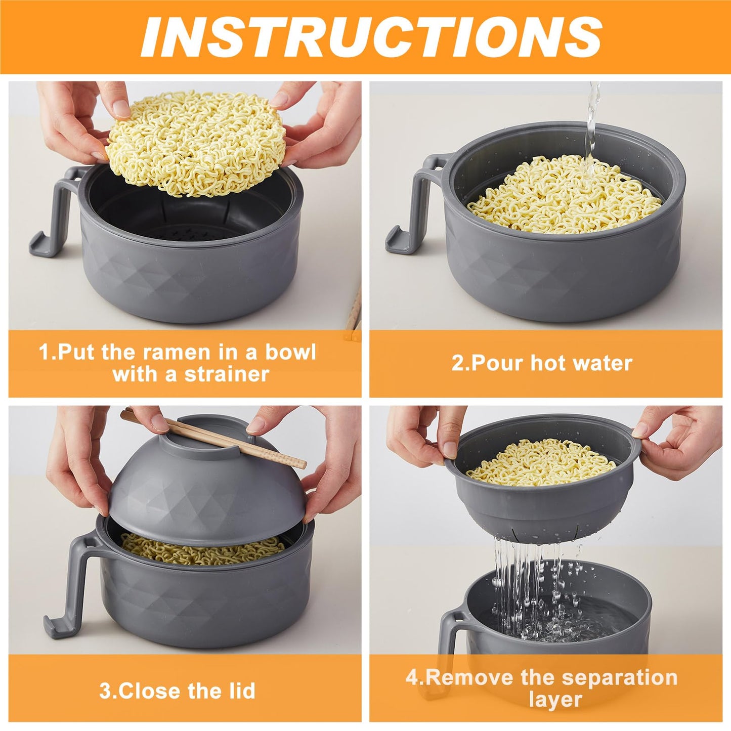 Romooa 6 Pcs Microwave Ramen Cooker Set Microwavable Wheat Straw Dinnerware Sets with 40oz Ramen Bowl, Plates, Cups and Cutlery Box, Dishwasher Safe Camping College Dorm (Grey)
