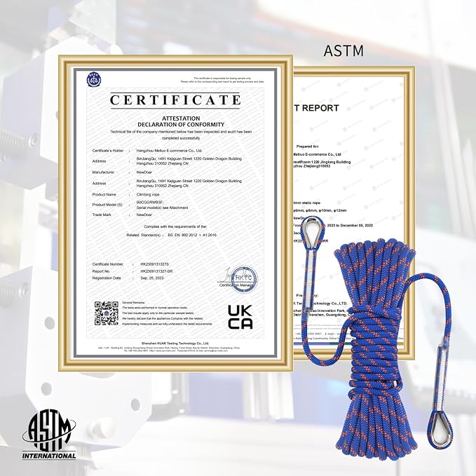 NewDoar 14KN Static Climbing Rope 8mm(5/16in) Accessory Cord Equipment 33FT(10M) 66FT(20M) 98FT(30M) 165FT(50M) Escape Rope with 2 Carabiners for Ice Climbing Equipment Fire Rescue Rope-Blue/20M