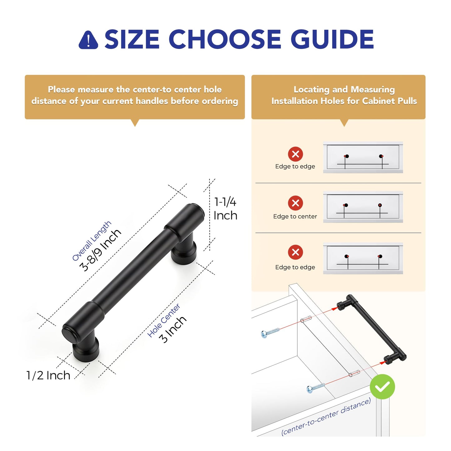 Ravinte 5 Pack 3 Inch Hole Center Solid Kitchen Cabinet Handles Matte Black Dresser Pulls Cabinet Drawer Pulls for Kitchen Cupboard Hardware