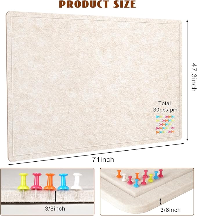 Large Bulletin Board - 72 X 48 inches Cork Board with 30 Pushpin, 6' x 4' Cork Board for Walls Pin Board, Self-Adhesive Felt Board Vision Board Foldable Photo Board for Wall (Oatmeal)