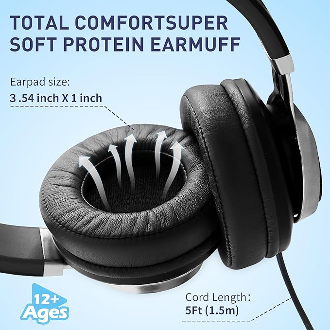 AILIHEN C90 Wired Headphones with Microphone Volume Control, Noise Reduction Over Ear Headphones Wired 3.5mm, Super Soft Corded Headphone for Cellphones, Tablet and Chromebook (Grey)