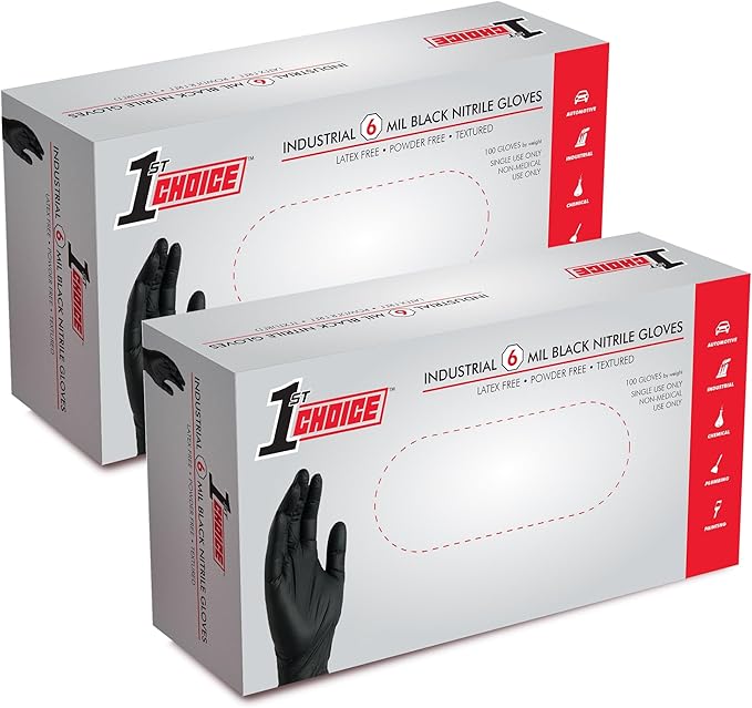 1st Choice Nitrile Gloves, Disposable, Latex-Free, Black, 6 Mil, Industrial, for Mechanics, Cleaning, Automotive and Home Use