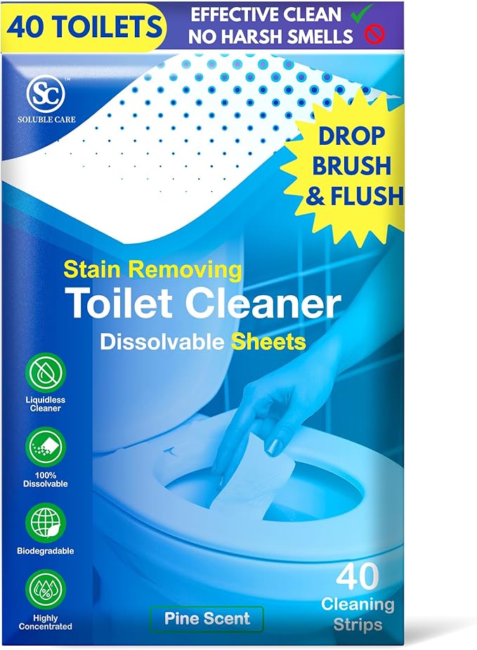Dissolvable Toilet Bowl Cleaner Sheets (No Bottles, Easy Clean, Quick-Dissolving, Mess-Free, Septic-Safe Cleaning for Home & Office) – 40 Sheets, Pine Scent