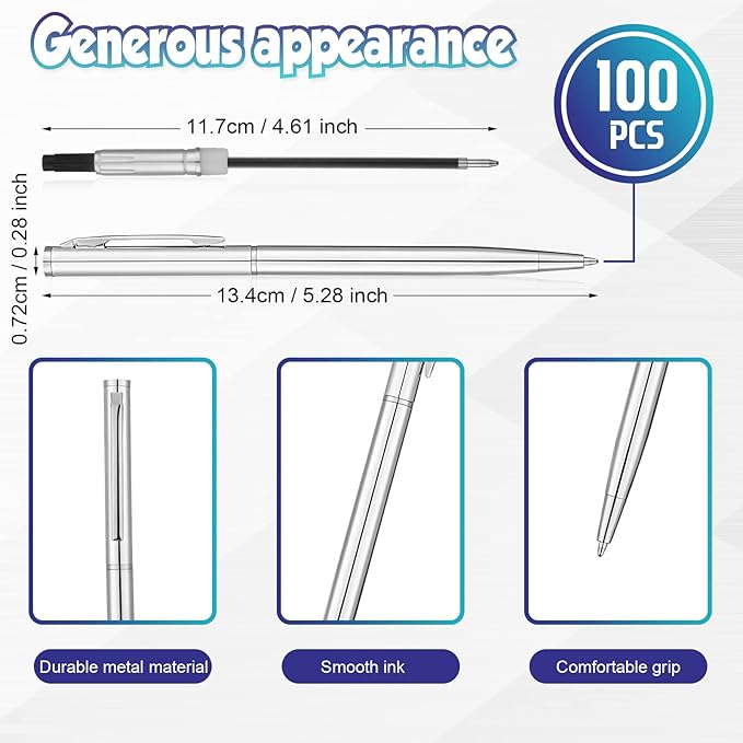 Lincia 100 Pieces Silver Slim Metal Ballpoint Pen 1 mm Medium Black Ink Smooth Writing Silver Retractable Point Metal Pen for Office Business Students Teachers Wedding Guest(Stylish)