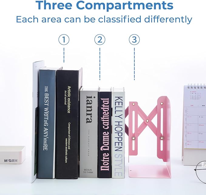 M&G Adjustable Bookends Book Ends for Shelves, Metal Bookend for Heavy Books, Desk Magazine File Organizer Holder Extends up to 20in, Book Stopper for Home, Office, Classroom (Pink)