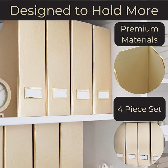 BLU MONACO Gold Magazine File Holder Set of 4 – Stylish Desk Organizer for Home & Office - Elegant Supplies, Bookends & Durable File Holders for a Gold Office Decor