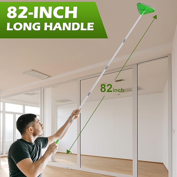 Wall Cleaner Triangle Mop with 82'' Long Handle - Wall Scrubber, Cleaning Washer Tool with 4 Microfiber Chenille Duster Pads for Clean Walls, Ceiling, Windows, Baseboards, Floors (Green)